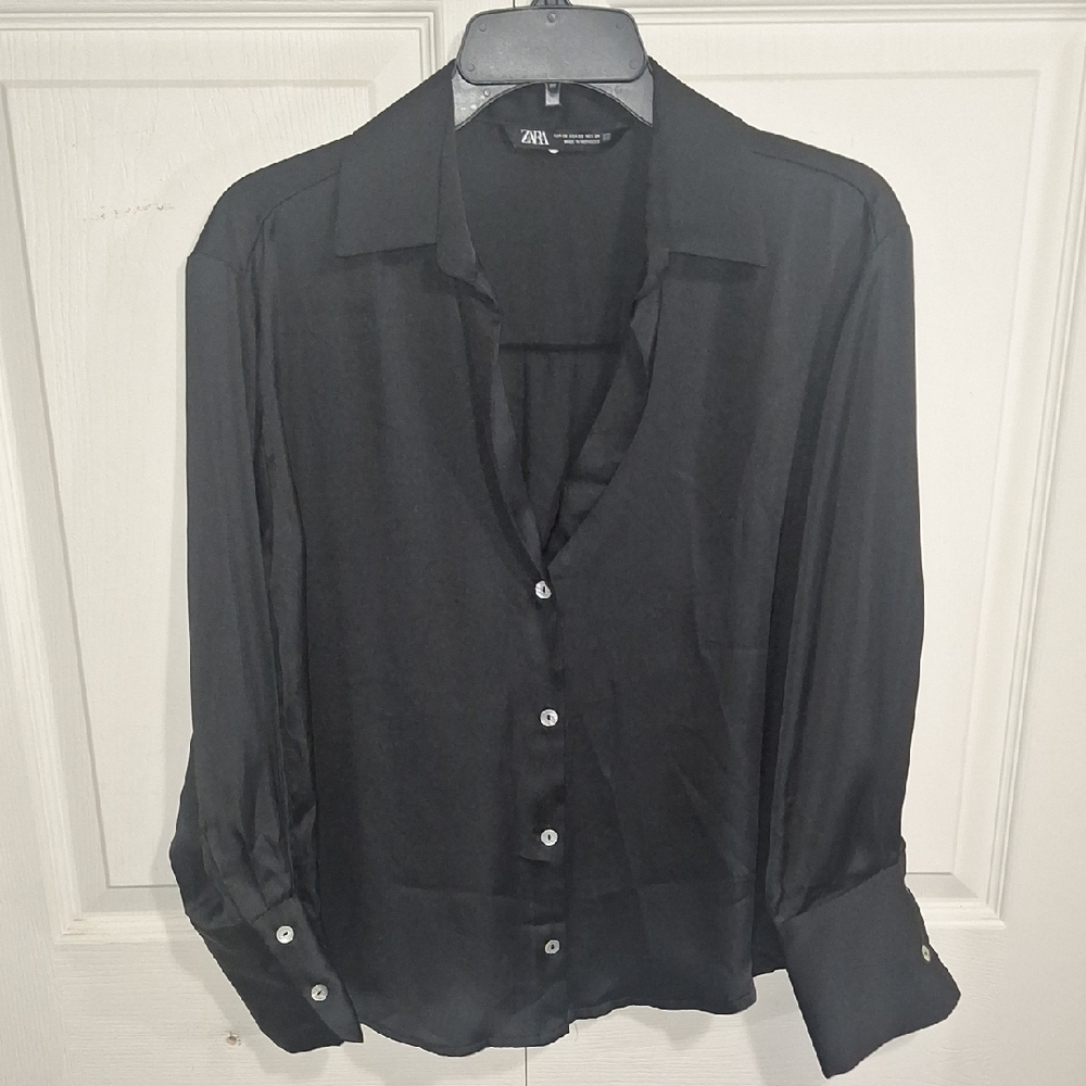 Zara Black Silky Button Up Blouse - XS
